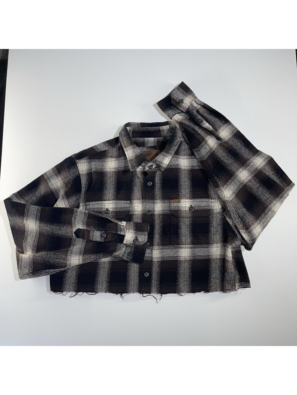Orvis Women’s Large Cropped Flannel Shirt Brown Plaid Button Up Altered Hem